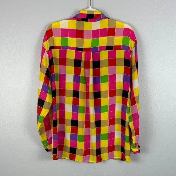 Suitsme Vibrant Retro Style Relaxed Fit Silk Multicolor Checkered Small Blouse - Picture 11 of 11